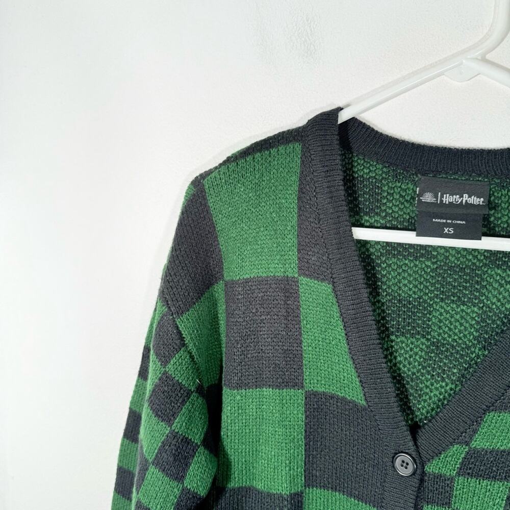 Warner Bros Harry Potter Slytherin Green Black Checkered Sweater Cardigan XS - Picture 10 of 12